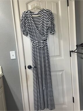 Gibson Latimer Navy & White Striped Faux Wrap Maxi Dress